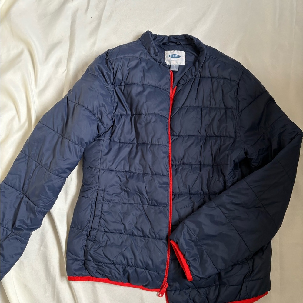 Navy Blue Quilted Jacket with Red Accents